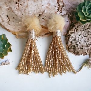 NWT Amrita Singh Genuine Mink and Glass Bead Dangling Pierced Earrings